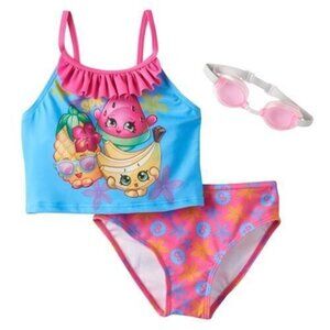 New SHOPKINS GIRLS' TANKIN Bathing Swimsuit 3 Piece Googles Pink Blue 5/6